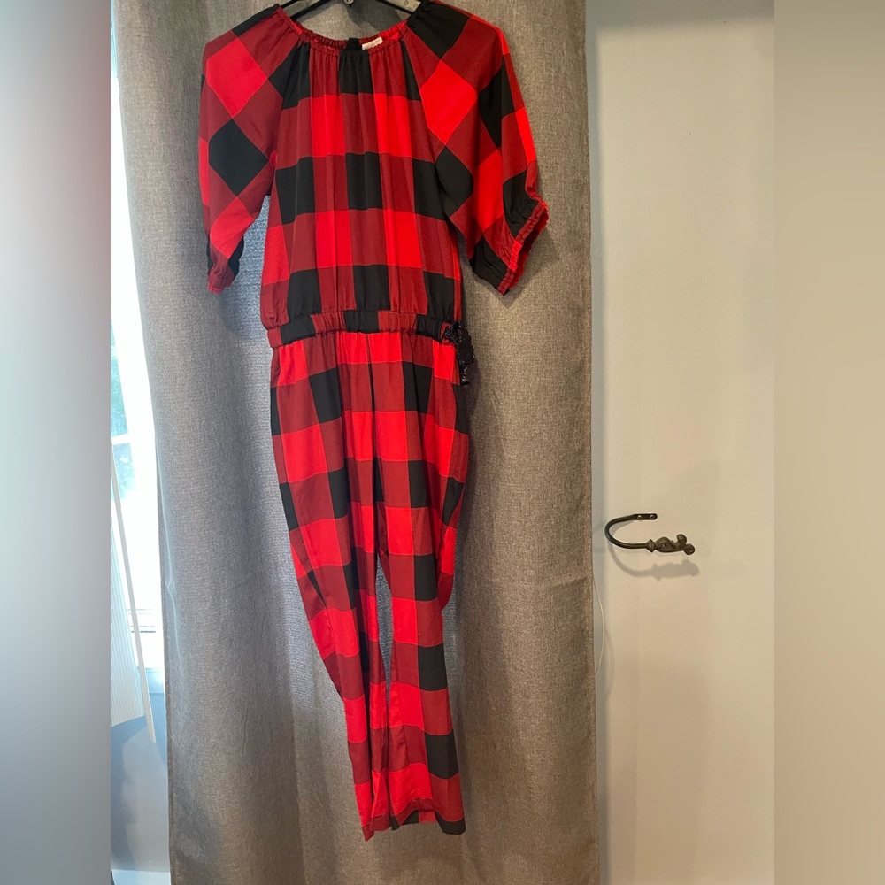 J.Crew girls Crewcuts Red Buffalo Plaid one piece jumpsuit Holiday sz 14 NWT